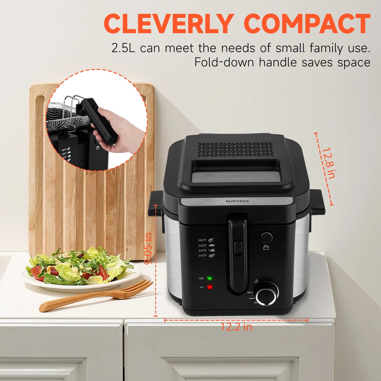 1500W 2.6 Quart Electric Deep Fryer, Removable Lid & Non-Stick Pot Dishwasher Friendly